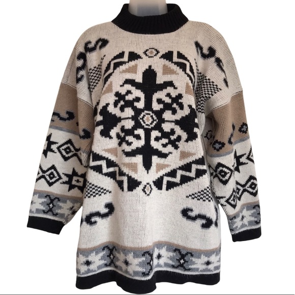 Vintage Adele Oversized Knit Geometric Snowflake Sweater Beige Black - Picture 9 of 10